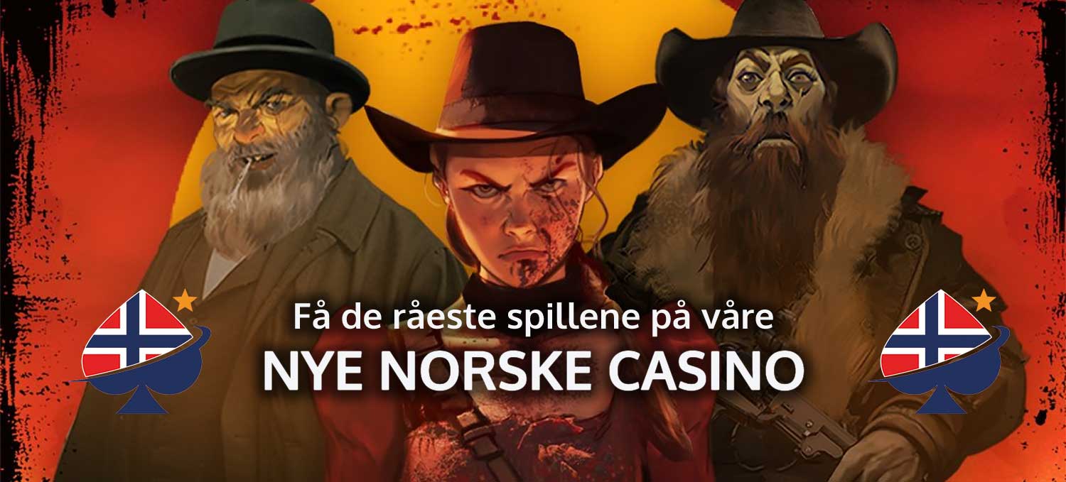 Banner som viser kjente spilleautomat-karakterer, og teksten 'få de råeste spillene på våre nye norske casino'. Inkludert NorskCasino.io-logoer
